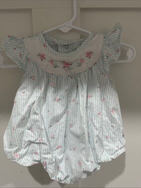 Baby’s Essentials Striped Floral Bubble Romper - Light Blue & Pink